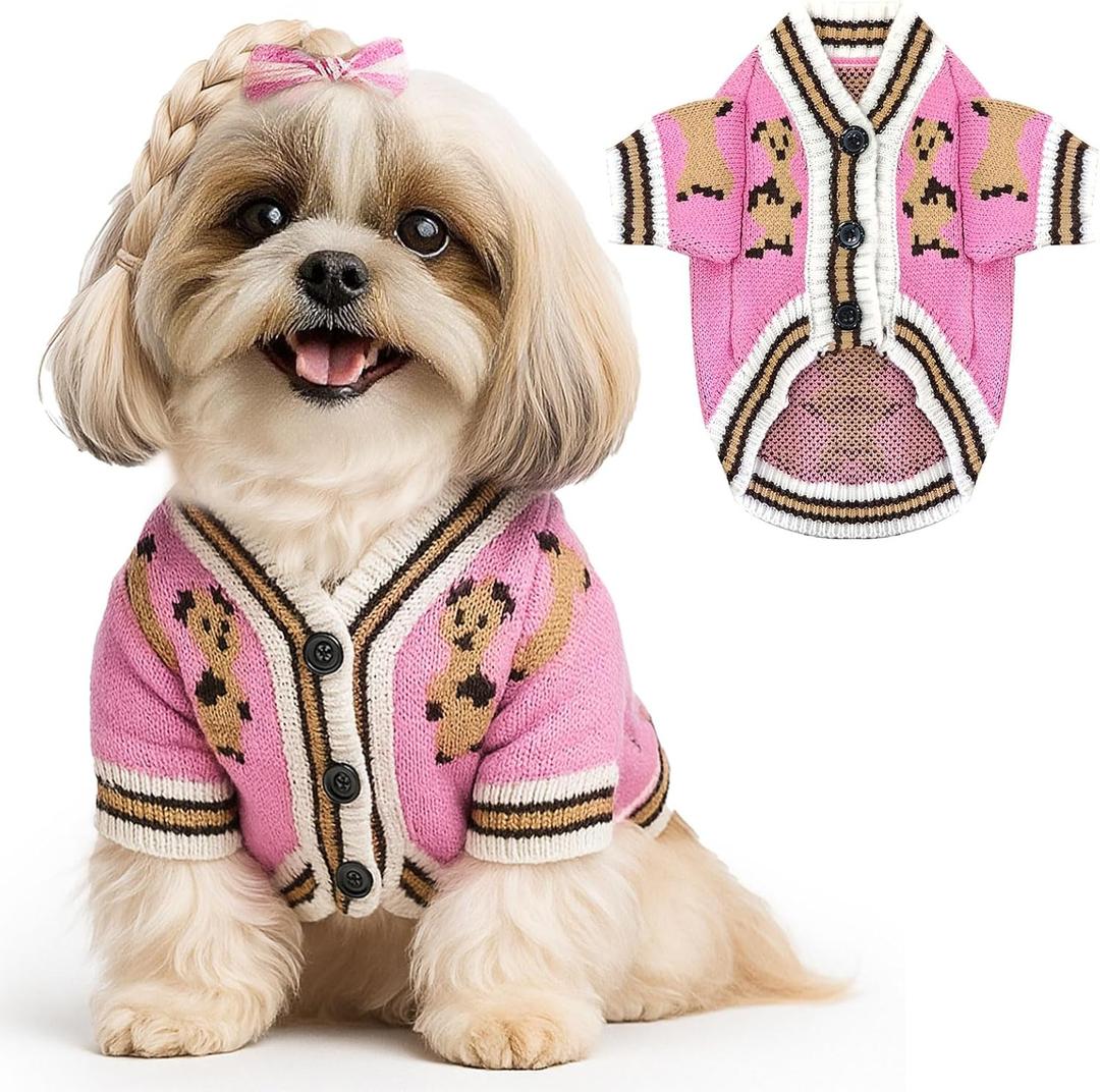ABRRLO Small Dog Sweaters Cute Bear Dog Cardigans Clothes for Small Medium Dogs Boy Girl Puppy Cat Knitting Cardigan Outfits Dogs Winter Coats Warm Pet Doggy Clothes Soft Knitwear (Pink, X-Small)
