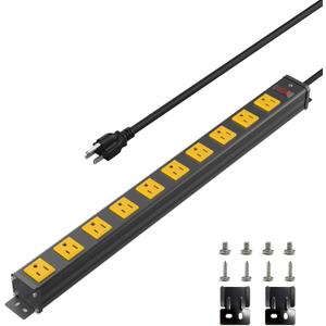 10 Outlet Wall Mount Power Strip, 1.97 Inch Wide Outlet Spacing Aluminum Alloy, 6FT 14AWG Heavy Duty Cord with Switch, 15A 1875W ETL Listed for Garage, Workbench, Multimedia Classroom