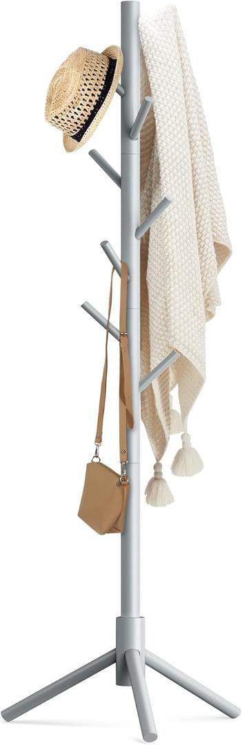 Haddockway Wooden Coat Rack Stand with 8 Hooks New Zealand Pine 3 Adjustable Coat Standing Tree Easy Assembly for Coats, Hats, Scarves and Handbags for Entryway, Hallway, Bedroom, Office (1 PC, Gery)