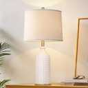 White Ceramic Table Lamp 24.5": 3-Way Dimmable Bedside Lamp with White Drum Slub Shade, Modern Nightstand Lamp for Bedroom & Living Room (Bulb Included), White 