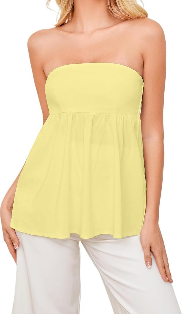 Ythomm Womens’s Ruffle Hem Bandeau Tube Tops Casual Sleeveless Strapless Peplum Flowy Blouse Shirts Summer Going Out Tanks (Yellow, L)