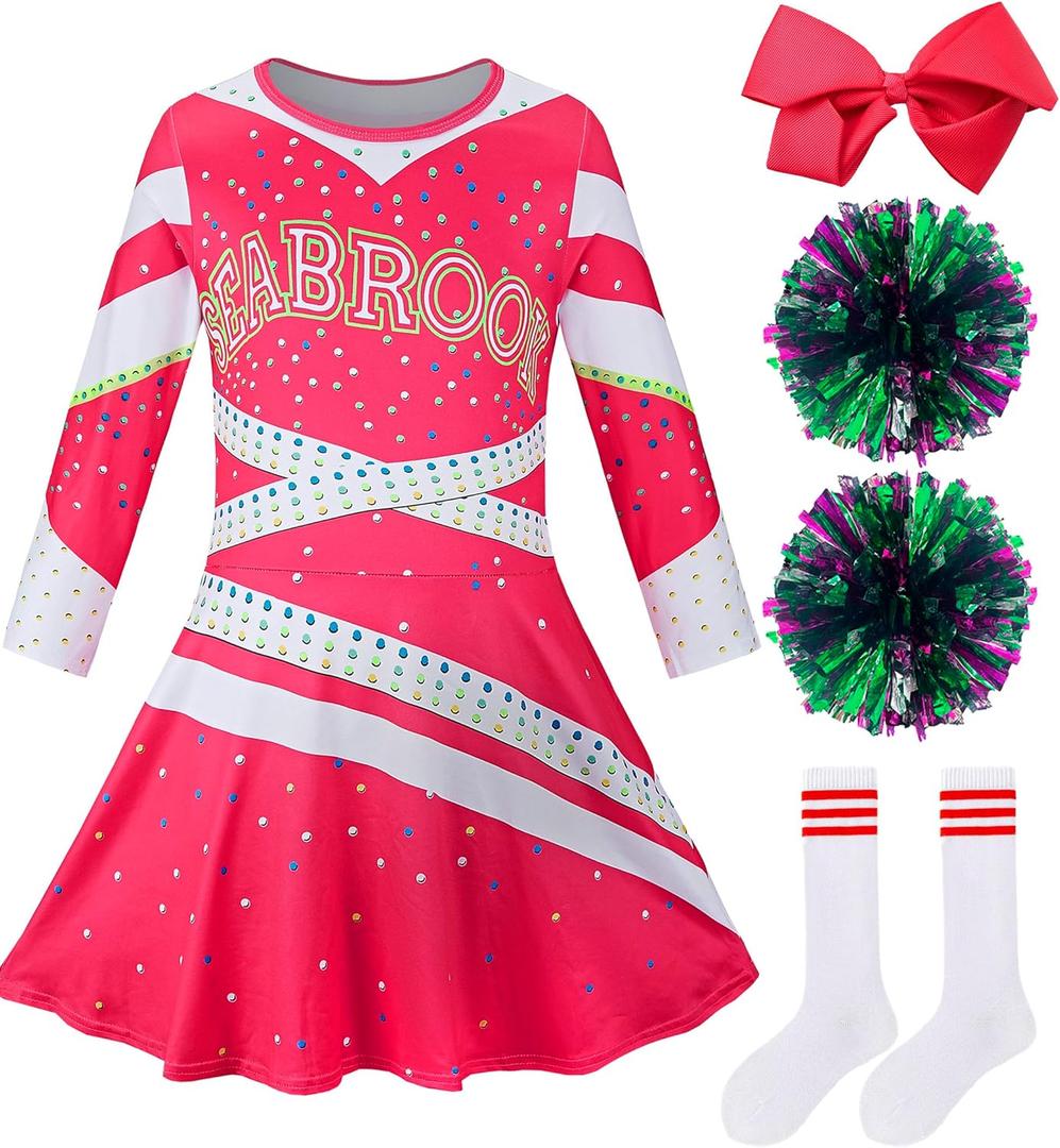 Girls Cheerleader Costume Outfit Halloween Cheer Uniform Dress Up with Accessories (Medium(5-6 T), Rose Red)