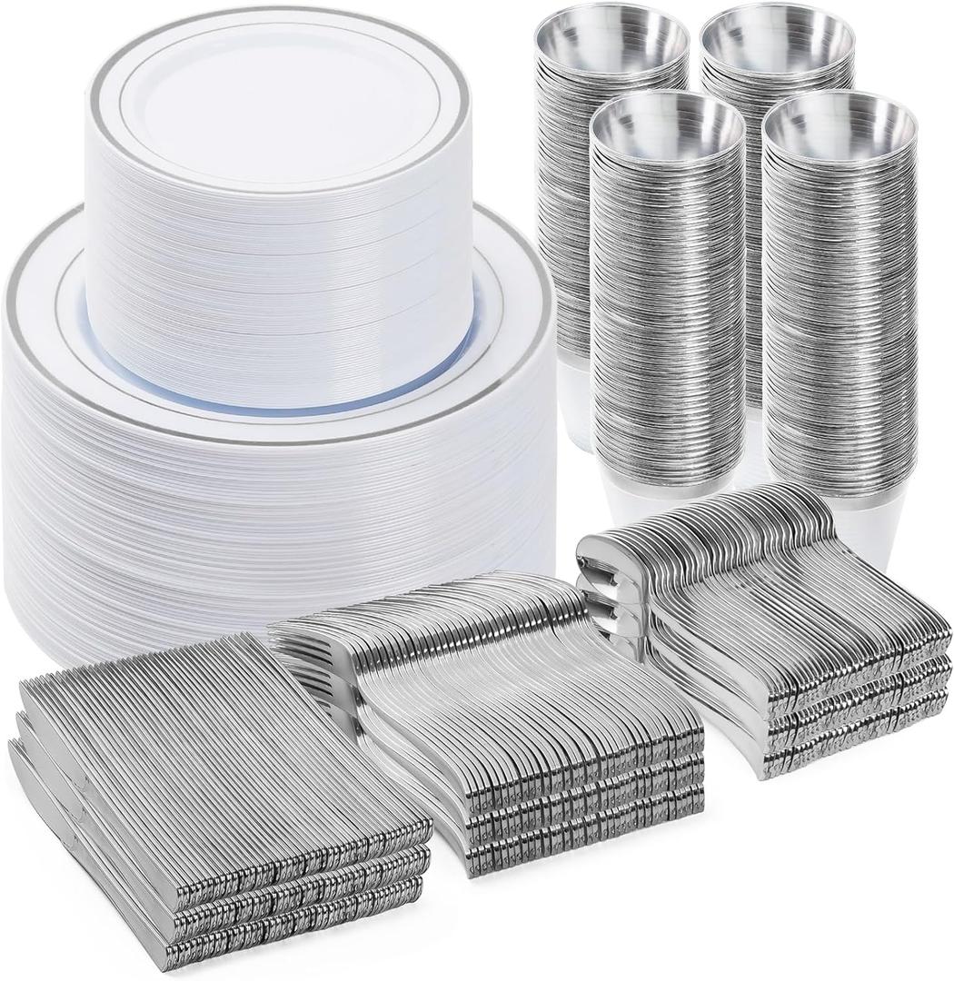 BESTVIP 600PCS Silver Dinnerware Set for 100 Guests, Plastic Plates for Party, 100 Silver Disposable Plates, 100 Dessert Plates, 100 Cups, 100 Spoons, 100 Forks and 100 Knives