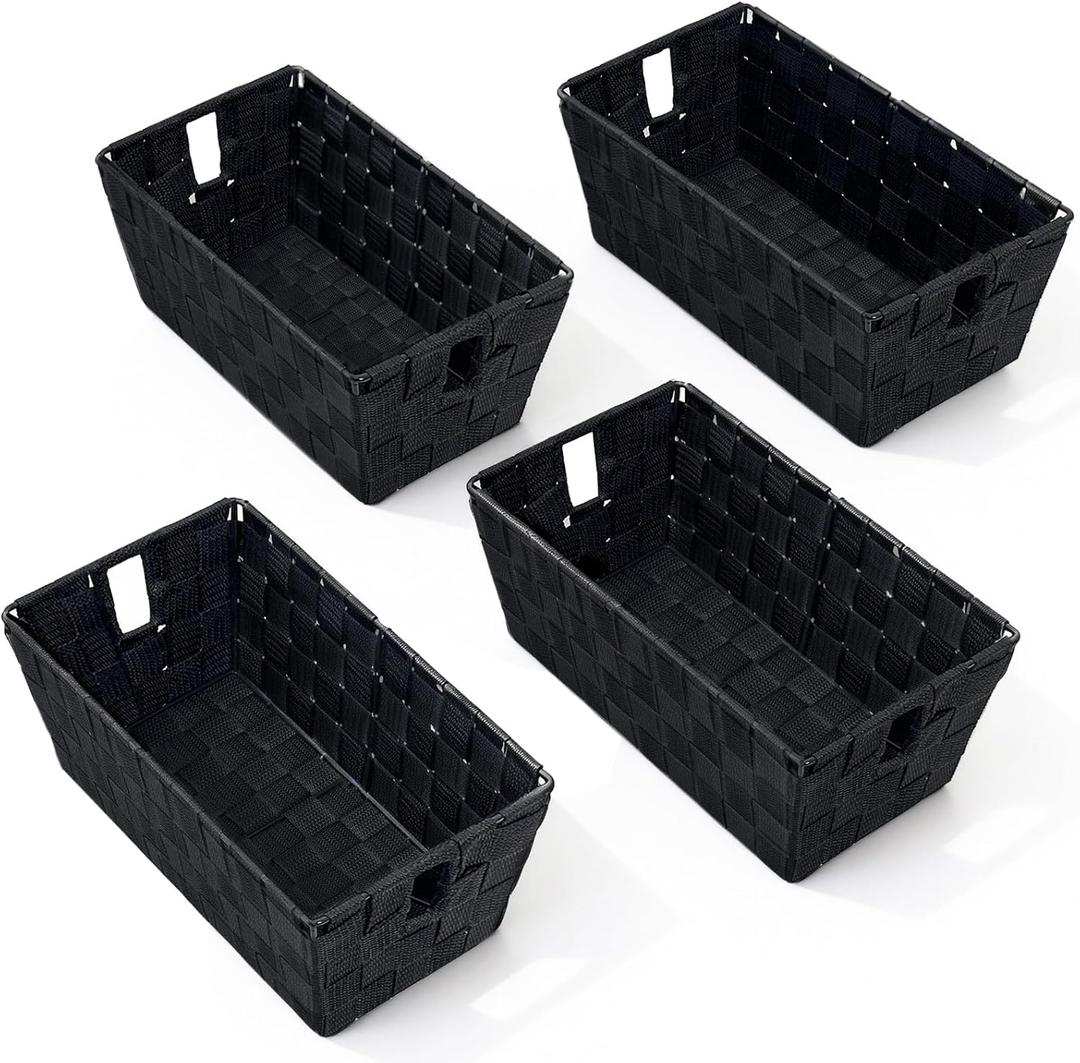 Black Storage Baskets for Shelves, Woven Shelf Baskets for Organizing, Small Strap Organizer Basket for Bathroom Storage, Set of 4