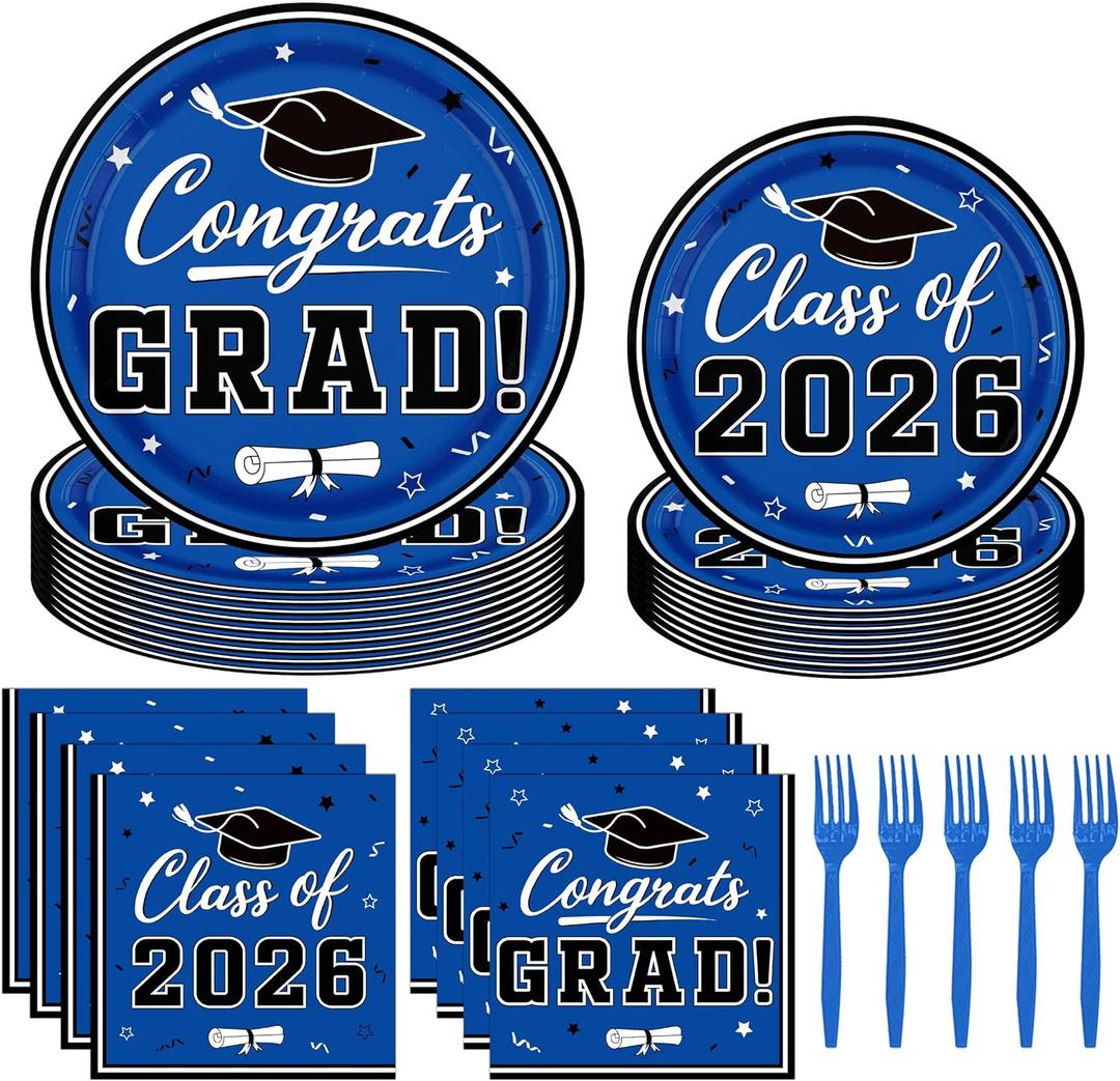 Blue Graduation Decorations 2026,200Pcs Black and Blue Graduation Plates and Napkins,Forks for Graduation Party Decorations,Class of 2026 Plates Graduation Party Supplies,Serve 50