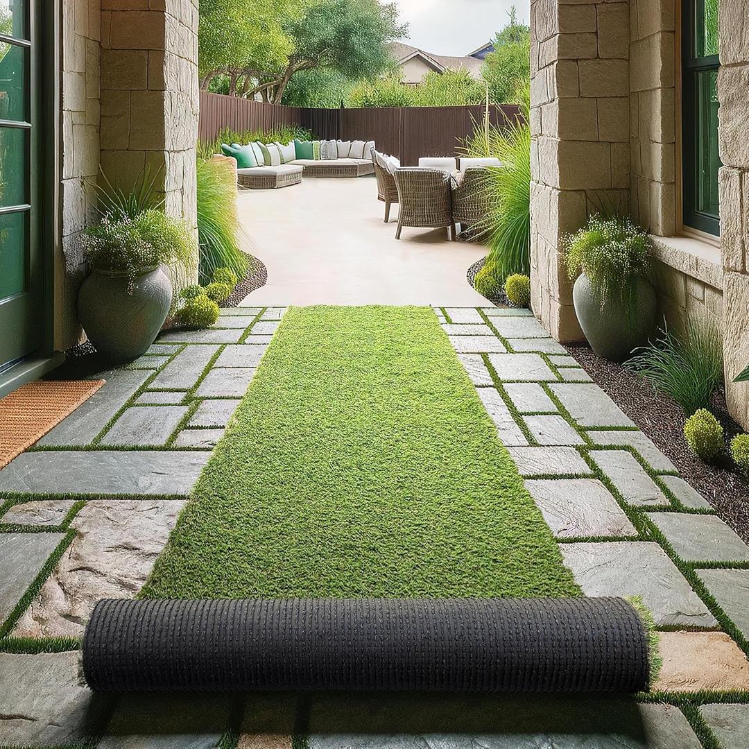 Ottomanson 2'7" x 32' Artificial Faux Grass Rug - Realistic Turf with UV Protection - Perforated for Easy Drainage - Durable, Hose-Off Synthetic Lawn Carpet for Indoor & Outdoor Use, Green (32' x 2'7" (Rectangular), High Pile - Grass Green)