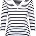 LilyCoco Womens V Neck Tops 3/4 Length Sleeve Spring Breton Striped Shirt White Small (White, S)