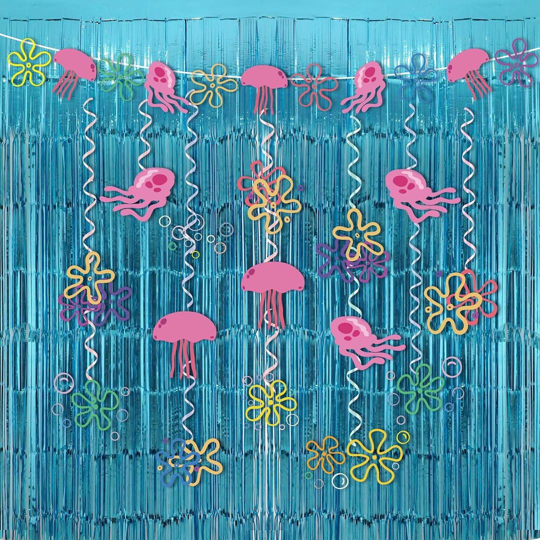 Yellow Cartoon Party Decorations with Fringe Curtains Jellyfish Flowers Party Banner Backdrop Supplies Under the Sea Hanging Swirls Party Decor for Kids Baby Shower Ocean Theme Photo Props Background