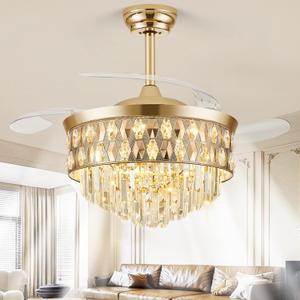 48 Inch Fandelier Ceiling Fan with Light, Chandelier Fan, Retractable Crystal Ceiling Fan Dimmable LED, 3 Color Temperatures, 6 Speeds, for Bedroom & Living Room (9052 Gold)