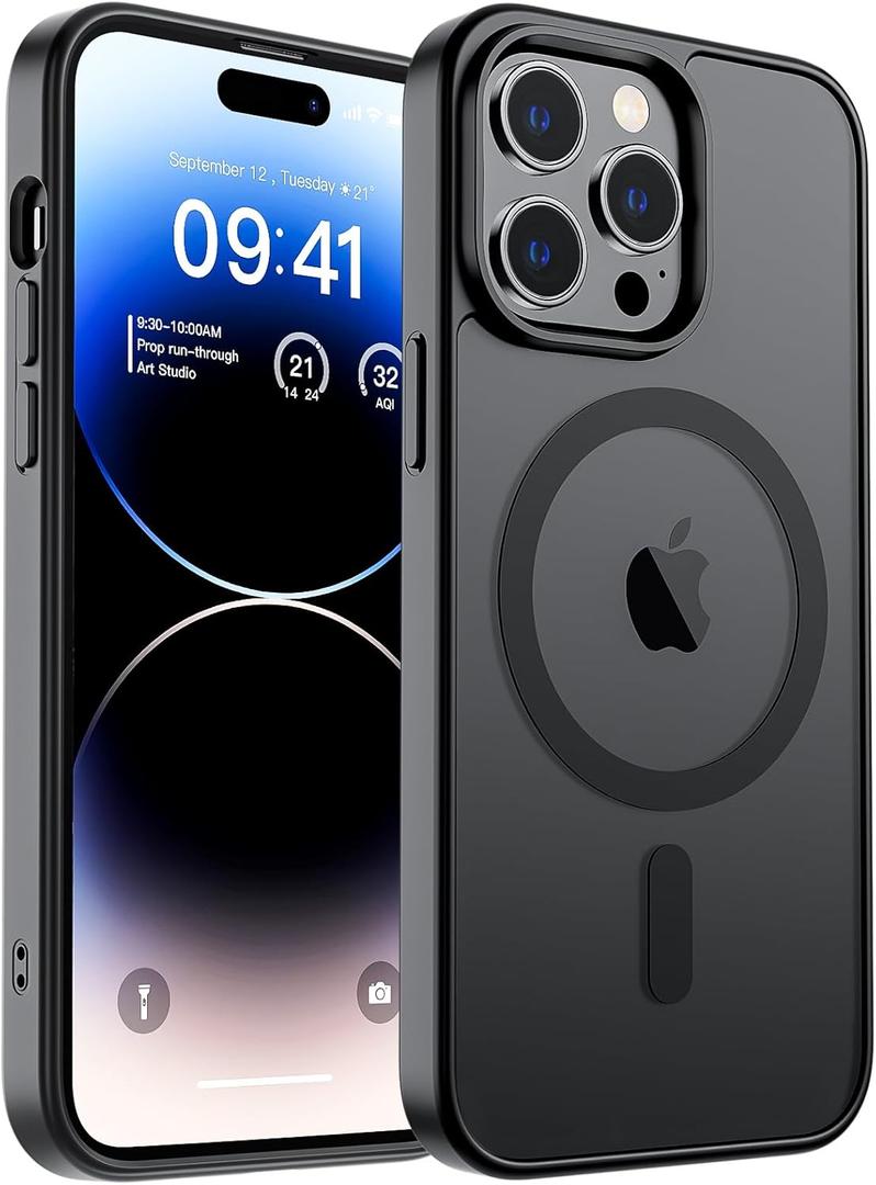 SUPFINE Magnetic for iPhone 14 Pro Max Case (Compatible with MagSafe) (Military Grade Drop Protection) Translucent Matte Shockproof Phone Cover, Black