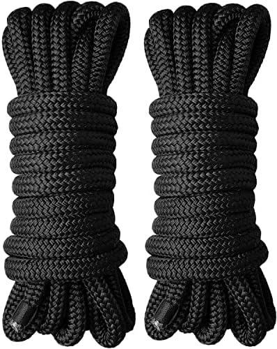 J-FM TWNTHSD Boat Dock Lines - 5/8" x 20' Double Braided Nylon Dock Rope, Marine-Grade with 15" Loop - Black, 2 Pack