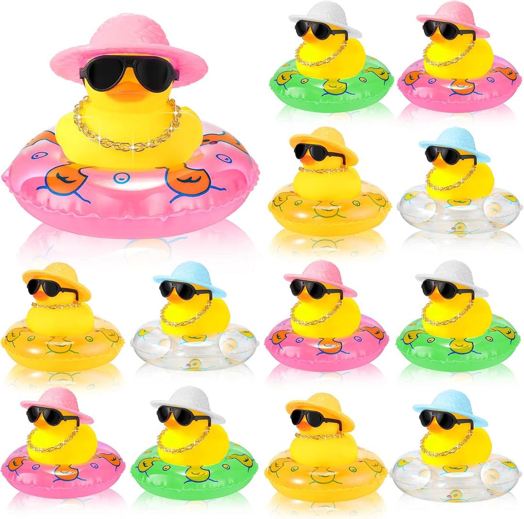 Sotiff 12 Sets Mini Rubber Ducks Bulk for Kids Children Cute Yellow Duck Toy Dashboard of Car Ornaments with Sunglasses Swim Ring Mini Hat Necklace Gift for Summer Birthday Party Favor (Novelty)