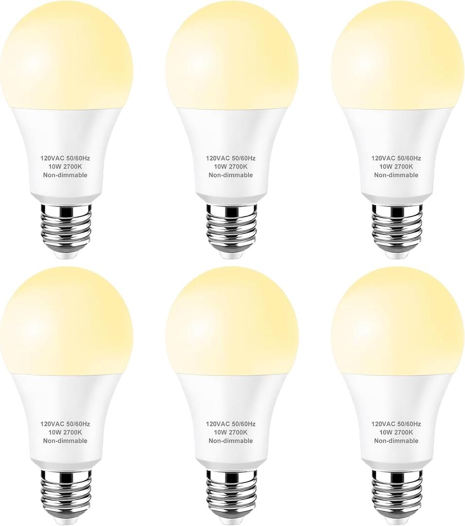 A19 LED Bulbs Soft White 2700K 60 Watt Equivalent, 10W LED Light Bulb 800 Lumens, E26 Standard Base Non-dimmable, 6-Pack