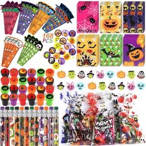 168PCS Halloween Party Favors Stationery Set for Kids, Halloween Goody Bag Fillers Including Pencil, Eraser, Ruler, Notepad, Stamper, Sticker, Stationery Kit for Kids Trick or Treat Prizes Gifts