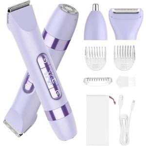 Hatteker 4-in-1 Women's Electric Razor, Dual-Head Body Hair Trimmer for Women, IPX7 Waterproof Rechargeable Bikini Trimmer & Facial Hair Remover for Legs, Armpits, Face, Nose, Eyebrows, Purple