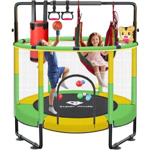 55" Indoor & Outdoor Trampoline for Kids with Enclosure, Toddler Trampoline with Adjustable Gymnastics Bar & Toys, No-Gap Safety Design