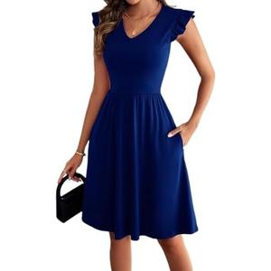 BARASA Women's Summer Dresses V Neck Ruffle Sleeveless Sundress A-line Knee Length Dress Cocktail Party with Pockets D648, XL