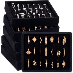 6 Pcs Small Velvet Ring Display Black Jewelry Box Inserts Earring Display Tray Storage Insert Holder 7 Slots for Gifts Selling Drawer