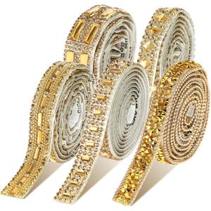 Telooco Rhinestone Tape Self-Adhesive Strips - 5 Rolls Bling Diamond Ribbons in 5 Styles - Gold Roll for DIY Phone, Car, Hat Band Decorations