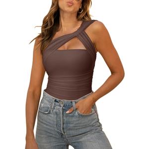 REORIA Womens Sexy One Shoulder Asymmetrical Tank Top Leopard Print Mesh Ruched Sleeveless Backless Trendy Going Out Thong Bodysuits Tops Coffee Small