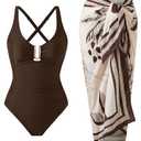 BAWHAHT One Piece Swimsuit Women with Cover Up Set Retro Bathing Suit for Women Tummy Control Beach Wrap Skirt Brown, XXL