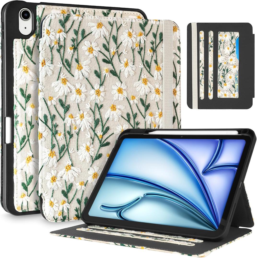Uppuppy for iPad Air 11 inch Case M3 2025/M2 2024 - Air 5th/4th Generation Case 10.9'' Women Girls Cute Embroidered Folio Stand Cover with Pencil Holder & Card Slot Girly Daisy Flowers Design Cases