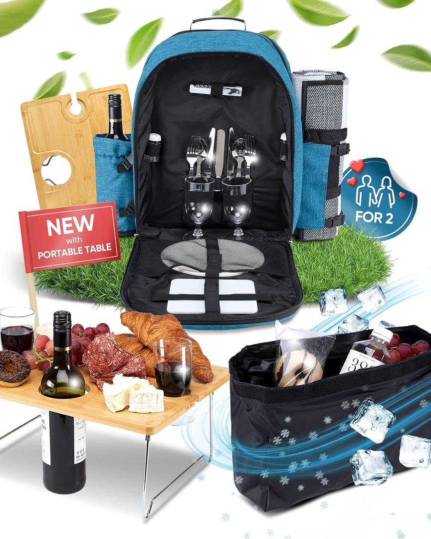 Picnic Backpack for 2 - All-in-One for Couples [with Picnic Blanket & Portable Wine Table] - Waterproof 32L - Insulated Picnic Set - Cooler Pouch & Wine Holder - Dating, Outdoor & Camping