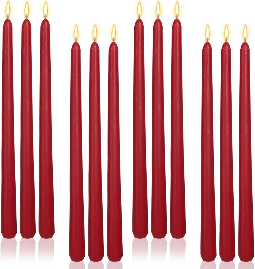 Burgundy 12 Inch Taper Candles Unscented Smokeless Long Tall Tapered Candle for Candlesticks Sticks Wedding Advent Home Decor Dinner Christmas Set of 12