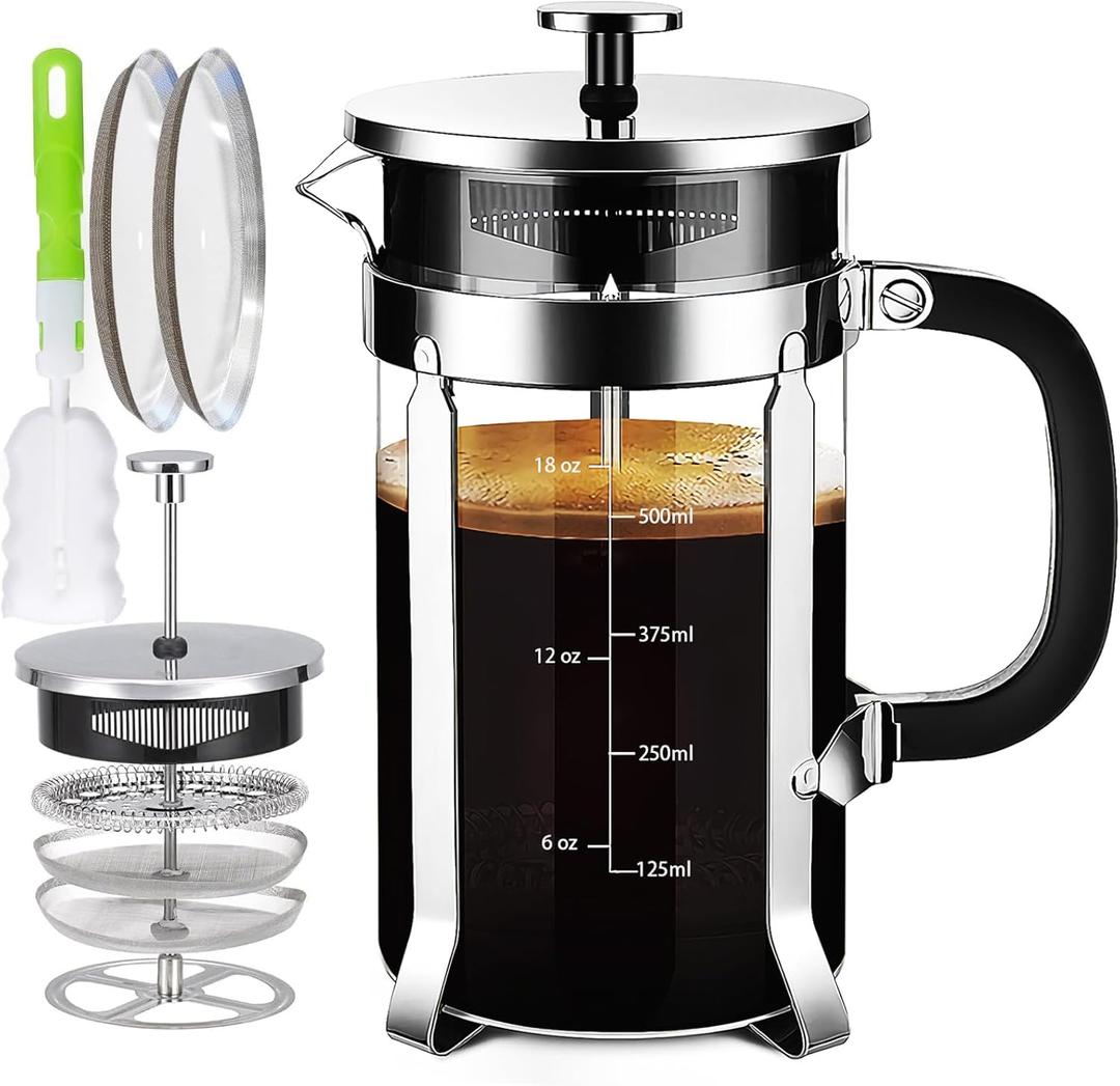 French Press Coffee Maker 304 Stainless Steel Coffee Press,with 4 Filters System, Heat Resistant Thickness Borosilicate French Press Glass, BPA-Free Brewed Tea Pot Coffee Plunger(Copper 12oz) (21 oz, Silvery)