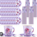 Mifoci 200 Pcs Floral Tea Party Supplies 100 Paper Tea Cups 100 Floral Paper Plates 9 oz Disposable Flower Cups with Handle for Hot Cold Drink Garden Bridal Wedding Birthday(Exquisite)