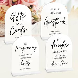 KOSKIMER 4Pcs Acrylic Wedding Signs for Reception, Guest Book Sign with Stand, Cards and Gifts Sign, In Loving Memory Sign, The Drinks Are On Us Sign (Set of 4)