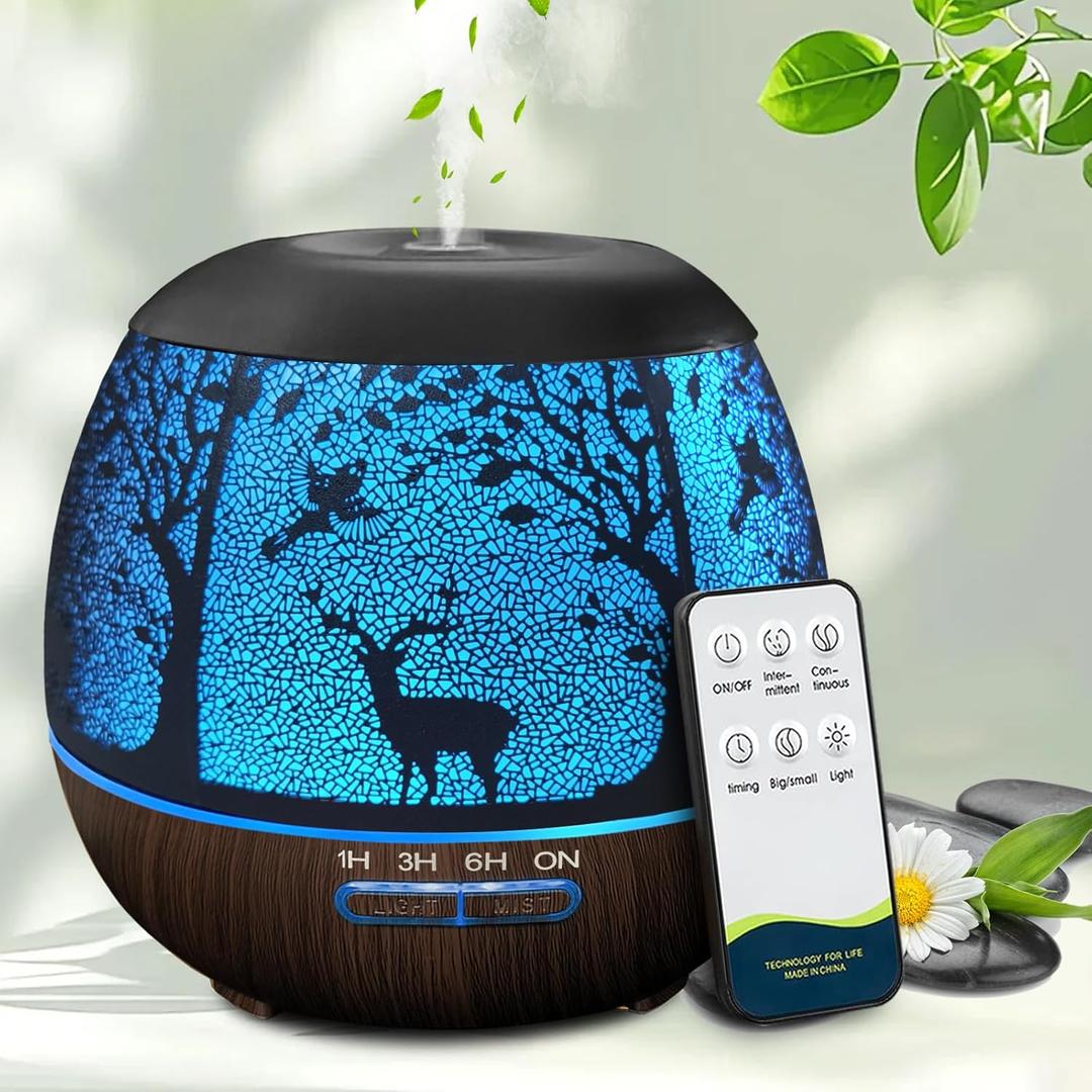 Essential Oil Diffuser for Bedroom, Diffusers for Home with Remote Control, Cool Mist Humidifier Large Room Ultrasonic Scent Diffuser Waterless Auto Off,7 Colors Light & 3 Mist Modes for Desk Deer