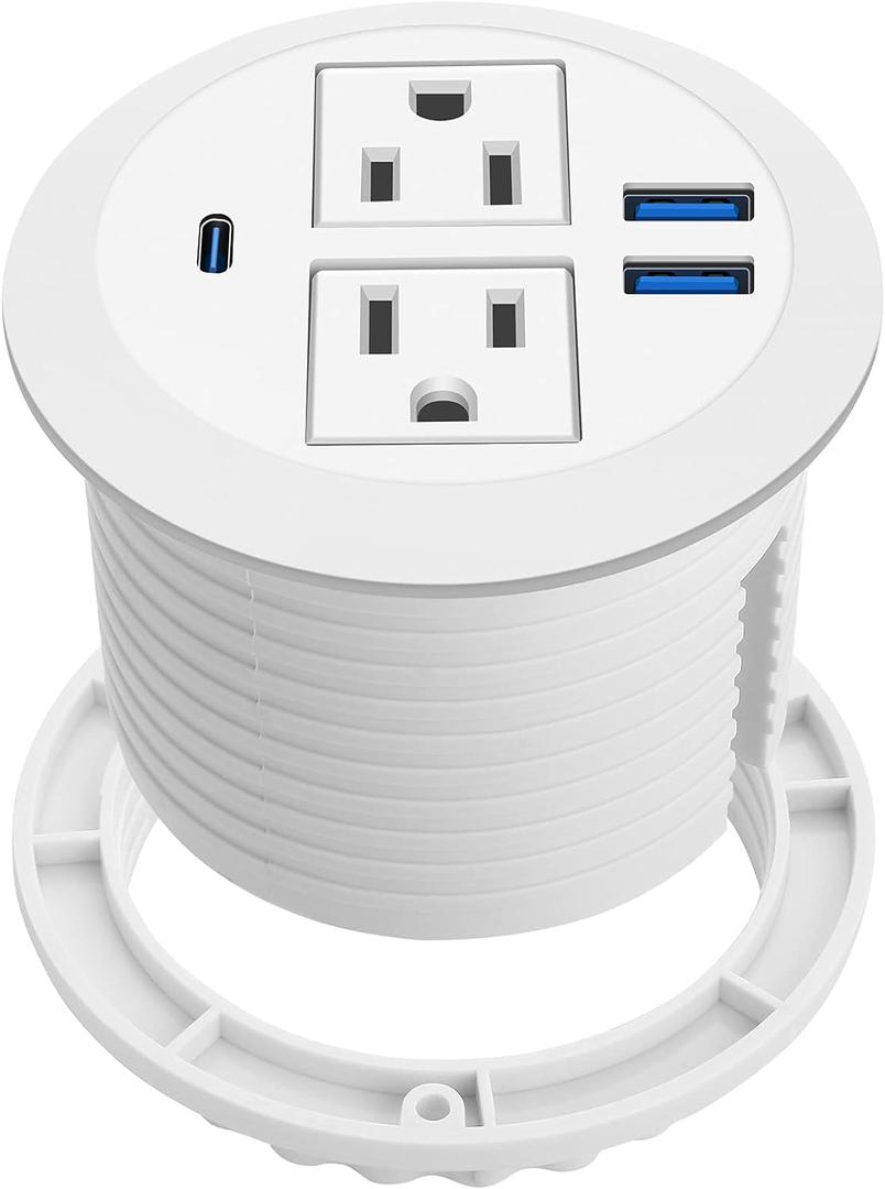 Jgstkcity 2-in-1 Desktop Power Grommet with USB-C Output, 125V, 12A, 2 AC Outlets, 3 USB Charging Ports, White (20W USB Port, White)