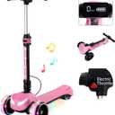 24V Electric Scooter for Kids w/150W Powerful Motor, Thumb Throttle, LCD Screen, Bluetooth, Light-Up Stem Deck & Wheels, 3 Adjustable Heights, 5MPH Safe Speed, 3 Wheel Electric Scooter for Kids (Pink)