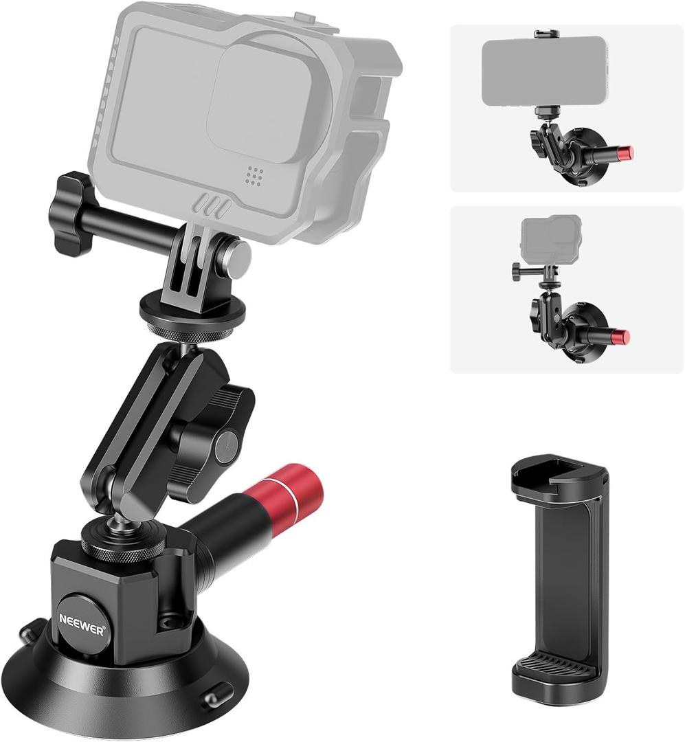 Neewer 3" Suction Cup Camera Mount Bracket with Ball Head Magic Arm, 1/4" ARRI Holes, Quick Release Car Mount with Phone Holder & Action Cam Adapter Compatible with iPhone DJI Insta360, CA104