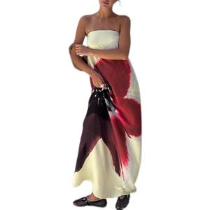 Women Y2k Strapless Maxi Dress Floral Print Tube Long Dress Boho Beach Sundress Going Out Streetwear (L)