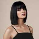 SUKRI Short Black Straight Wig with Bangs Black Wigs for Women Bob Shoulder Length Wigs Heat Resistant Fiber Synthetic Hair Wigs Hair Replacement Natural Looking(12INCH)