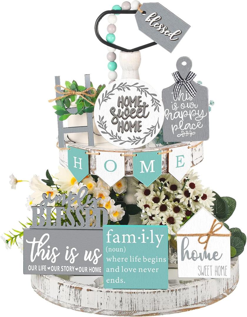 FairySandy 11 pcs Home Tiered Tray Decor This is us Rustic Farmhouse Tiered Tray Decorations Set Home Wooden Signs Vintage Farm Animal Farmhouse Tabletop Wood Signs for Kitchen Table Shelf Decor