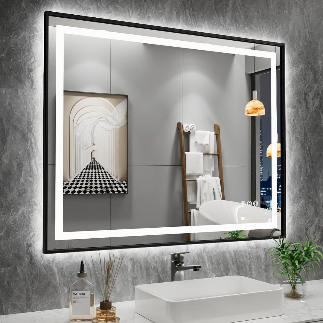 Amorho 40"X32" LED Bathroom Mirror with Black Frame, Front Lit and Backlit
