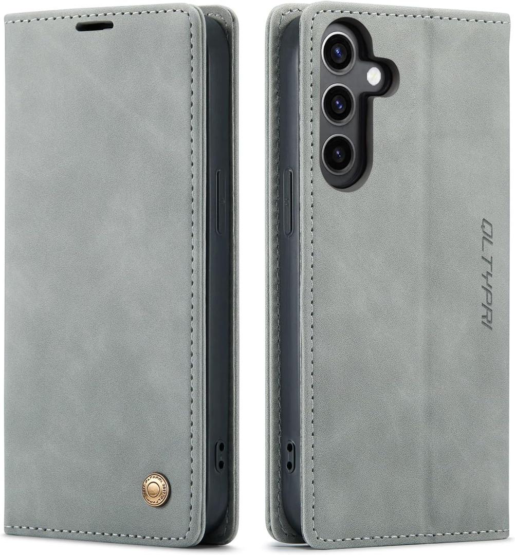 QLTYPRI Case for Samsung Galaxy A16 4G/5G, Vintage PU Leather Wallet Case Card Slot Kickstand Magnetic Closure Shockproof Flip Folio Case Cover for Samsung Galaxy A16 - Grey