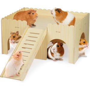 Large Guinea Pig Hideout, Upgraded Wooden Guinea Pig Castle with Guinea Pig ramp, Easy to Assemble Guinea Pig House for Small Animal House Habitat or Hamster Hideout/Rabbit Hideout
