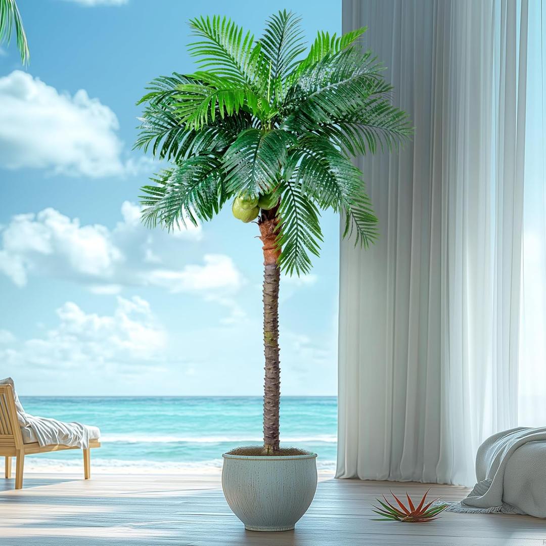 30-Year Factory Faux Coconut Tree - 9.1FT Faux Palm Tree Realistic Thick Trunk & Heavy Duty Leaves, Hand-Carved Bark Texture, Indoor Tropical Decor for Living Room/Store, No Shiny Plastic Look
