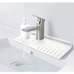 Silicone Faucet Splash Guard - 14.5 x 5.4 Sink Splash Guard - Faucet Water Catcher Mat with Sink Mat & Soap Dish & Sponge Holder 3 in 1 for Kitchen, Farmhouse, Bar & RV (White)