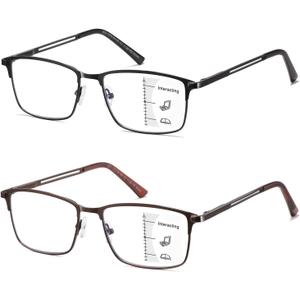 LKEYE Progressive Multifocus Reading Glasses Men No Line Multifocal Transition Blue Light Computer Readers Metal Full Wide Frame Spring Hinge Multi Focus Designer Magnifying Eyeglasses Black & Brown +1.25