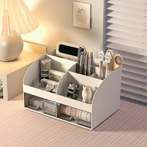 Rhys Multifunctional Desk Organizer, Plastic Desk Organizer, Transparent with Drawers, for Office, Home, School, White