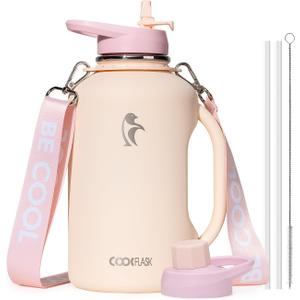 64oz Insulated Water Bottle, Coolflask Half Gallon Water Jug With Handle Straw Stainless Steel Double-Walled Vacuum Metal Large Flask With Strap Non-BPA Leakproof, Keep Cold 48 Hrs, Apricot Pink
