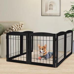 LZRS 6-Panel Extra-Wide Wooden Freestanding Dog Gate: Foldable Solid Wood and Steel Wire Chew Resistant Safety Barrier for Doorways, Stairs, and Open Long Spaces Indoor Use, Black (Size: 24"Height-6 Panel)