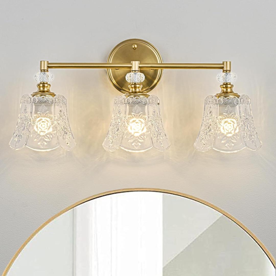 Vintage Gold Bathroom Vanity Light Fixture, 3-Light with Rose Pattern Crystal Glass Shade, Retro Brushed Gold Finish