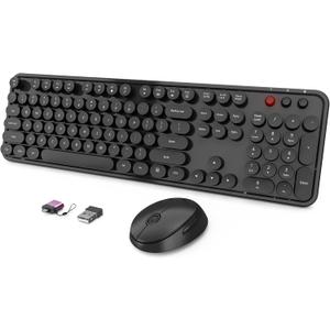 Wireless Keyboard and Mouse Combo, Ergonomic Full Size Typewriter Retro Round Keycaps Keyboard, Compatible with Windows, PC, Perfect for Home and Office Keyboards (Black)