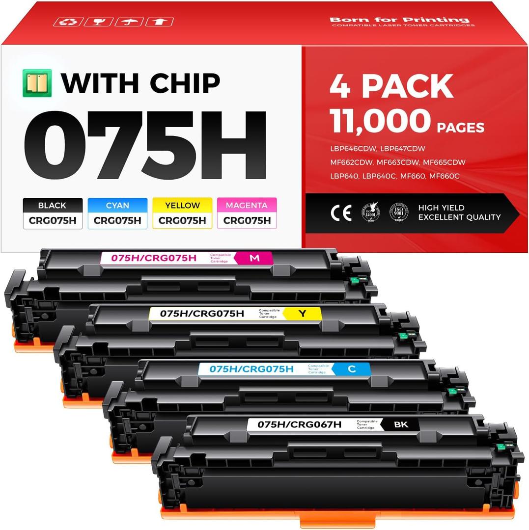 075H Toner Cartridge Set 4-Pack High Yield with Chip Compatible Replacement for Canon 075 075H for Canon Color imageCLASS MF662Cdw MF663Cdw MF665Cdw LBP646Cdw LBP647Cdw LBP640 MF660 Printer Ink Black